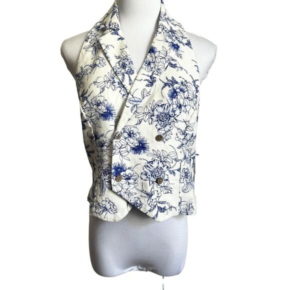 NWT JASON WU WHITE BLUE FLORAL LINEN BLEND HALTER BLAZER TOP WA50348-101-6PA - 2 - Picture 1 of 12